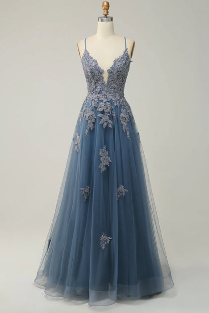 OKBBN Elegant A-line Thin Shoulder Strap Long Embroidered Ball Dress