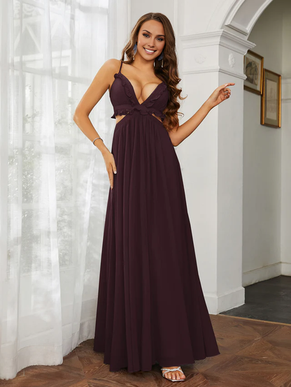 OKBBN thin shoulder strap ruffle edge chiffon hollow out ultra long sexy bridesmaid dress