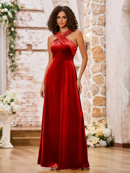 OKBBN Velvet Sleeveless Long Bridesmaid Dress