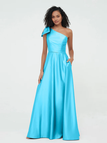 OKBBN One Shoulder Long Satin Sleeveless Bridesmaid Dress