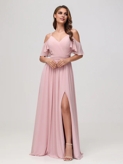 OKBBN off shoulder A-line pleated chiffon shorts bridesmaid dress