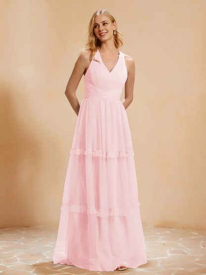 OKBBN V-neck pleated ruffle and ground chiffon bridesmaid dress