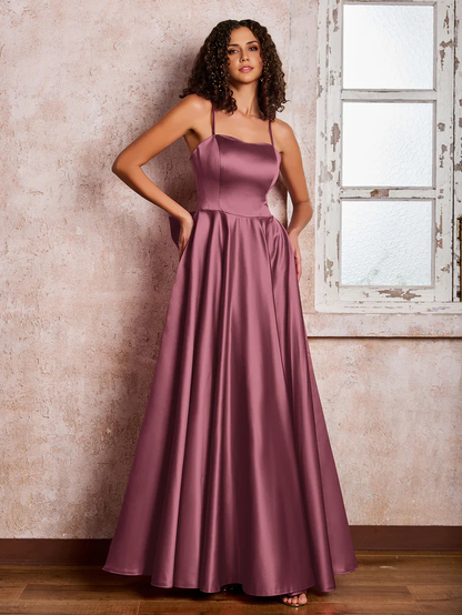 OKBBN Square Neck Thin Strap Satin Bridesmaid Dress