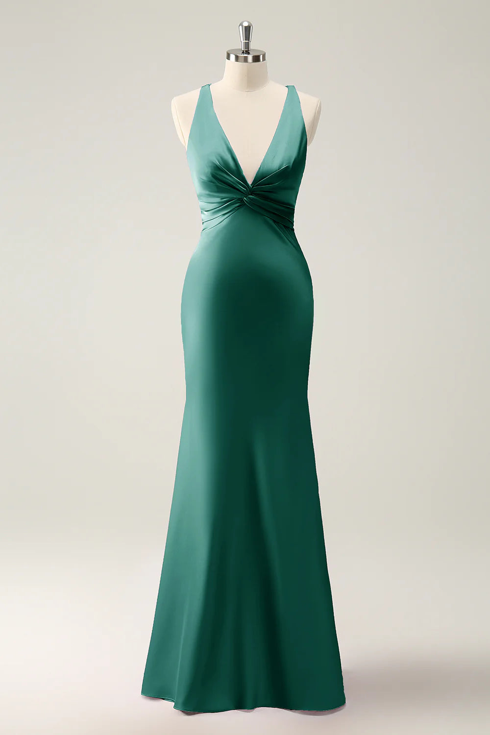 OKBBN Mermaid V-neck Satin Long Bridesmaid Dress