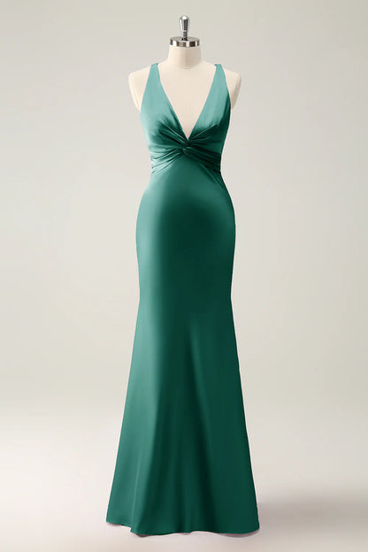 OKBBN Mermaid V-neck Satin Long Bridesmaid Dress