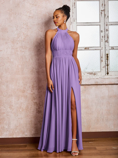 OKBBN pleated neck hanging chiffon split bridesmaid dress