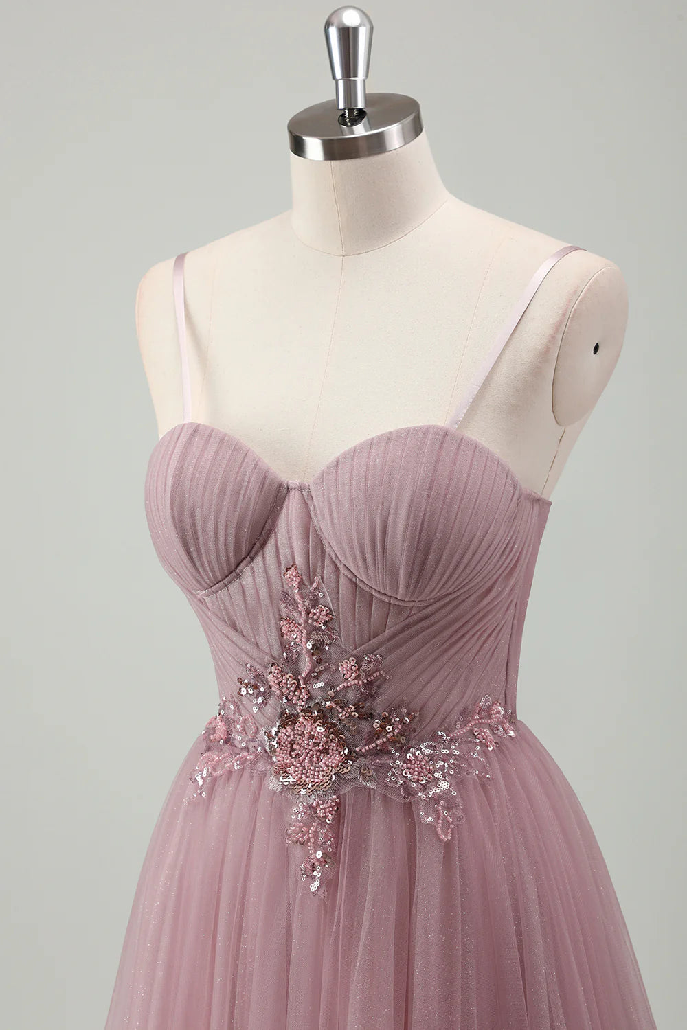 OKBBN decal A-line thin shoulder strap pleated long ball gown
