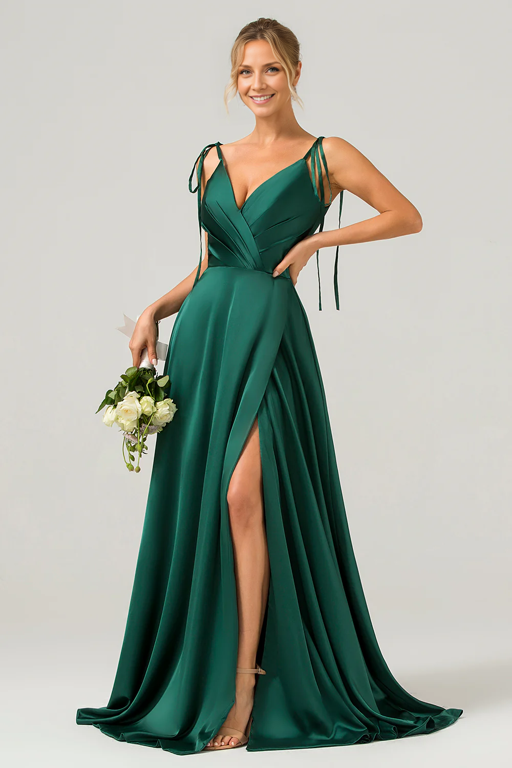 OKBBN A-line thin shoulder strap pleated slit long bridesmaid dress