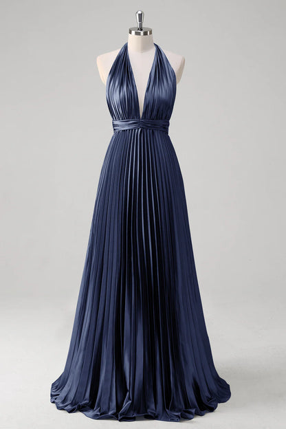 OKBBN satin A-line hanging neck pleated backless long evening gown