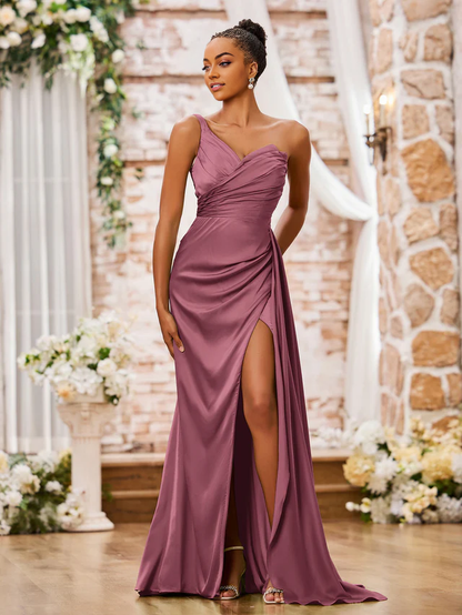 OKBBN one shoulder sweetheart high slit sexy bridesmaid dress