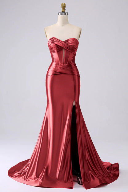 OKBBN mermaid tight corset slit long satin evening gown