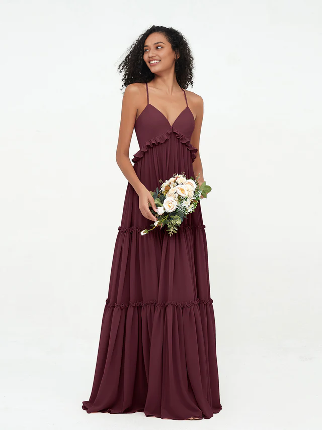 OKBBN chiffon thin shoulder strap layered sleeveless bridesmaid dress