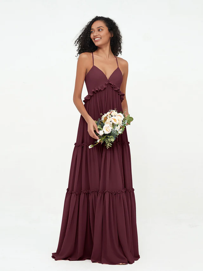OKBBN chiffon thin shoulder strap layered sleeveless bridesmaid dress