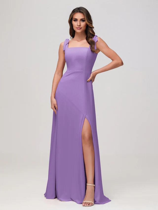 OKBBN square neckline sleeveless and floor chiffon bridesmaid dress