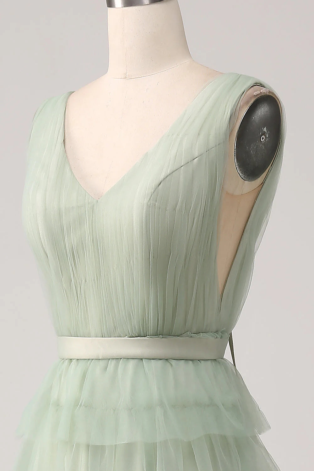 OKBBN pleated layered slit backless ball gown