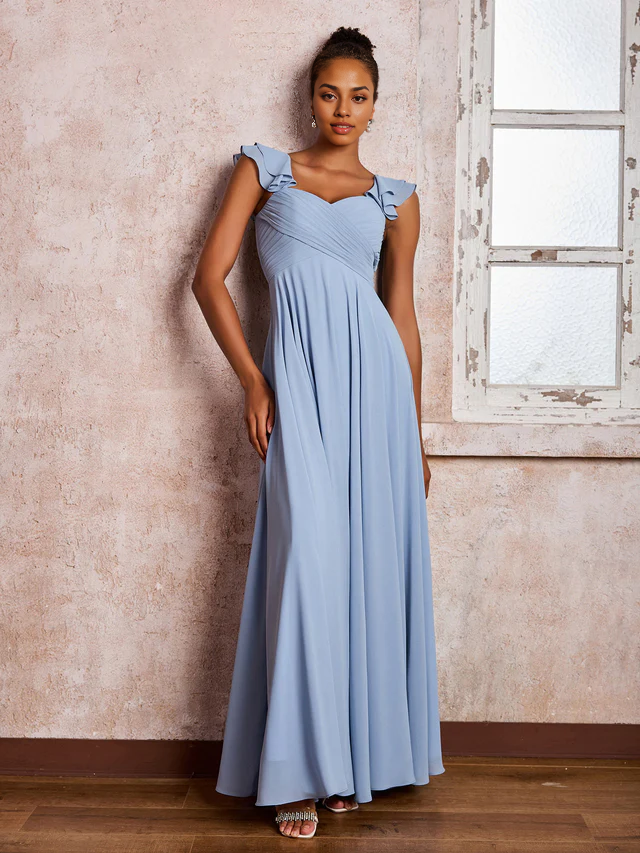 OKBBN ruffled shoulder strap long chiffon bridesmaid dress