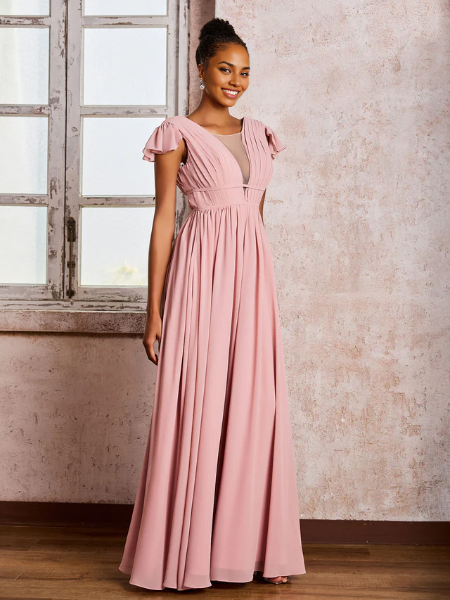 OKBBN deep V-neck pleated A-line bridesmaid dress with floating sleeves