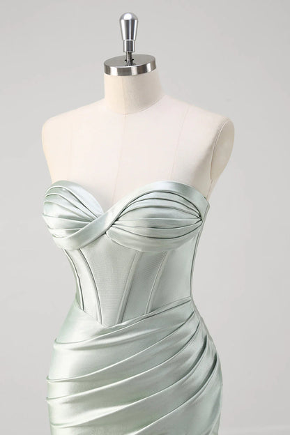 OKBBN mermaid off shoulder pleated satin tight corset long slit evening gown
