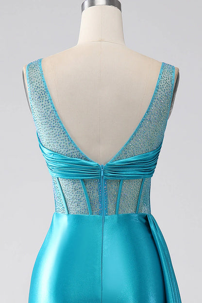 OKBBN mermaid V-neck trailing pleated tight corset bead long ball dress