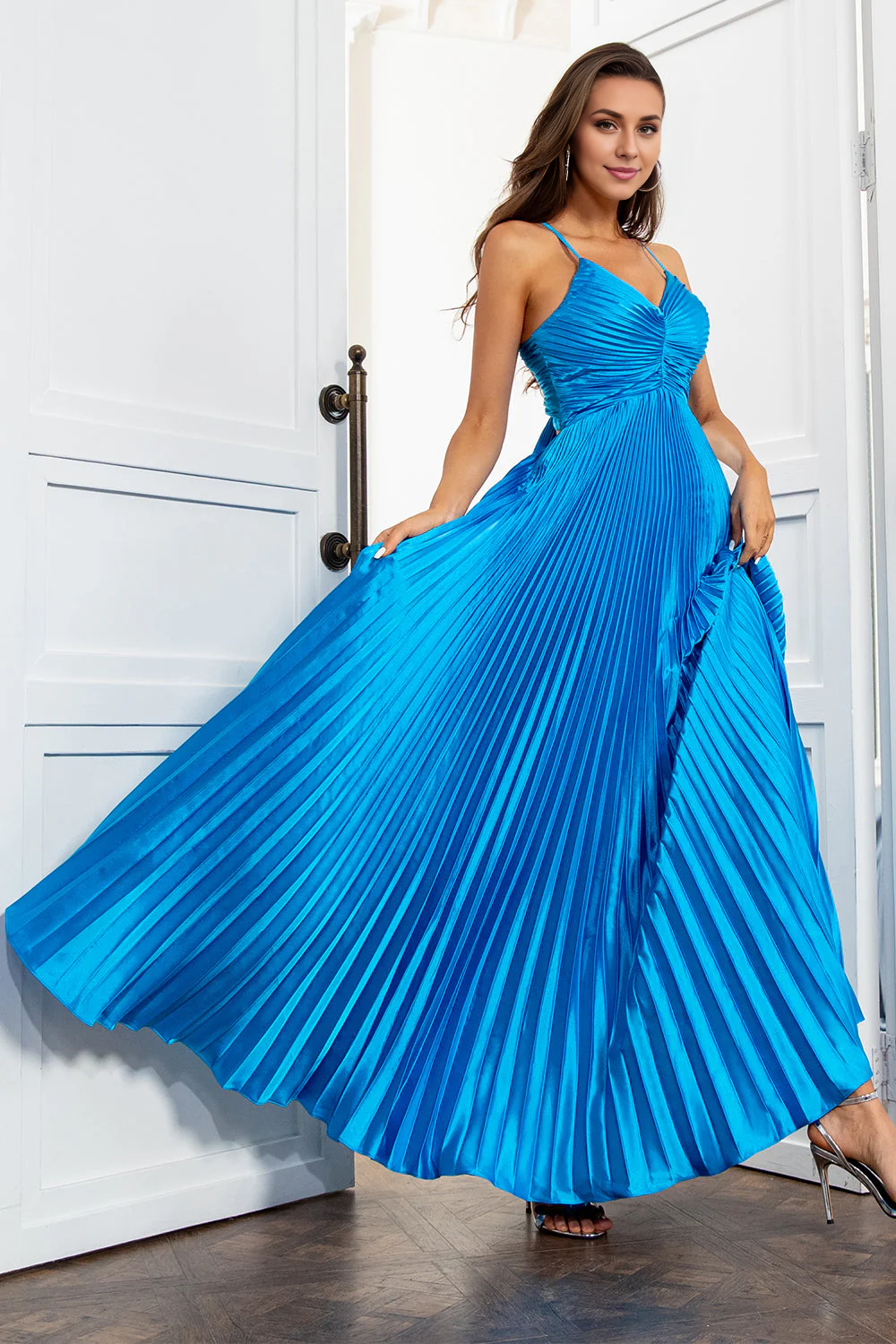 OKBBN A-line thin shoulder strap pleated long ball gown