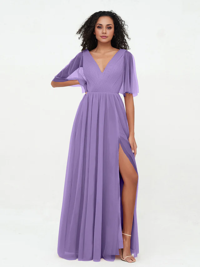 OKBBN A-line V-neck chiffon bridesmaid dress