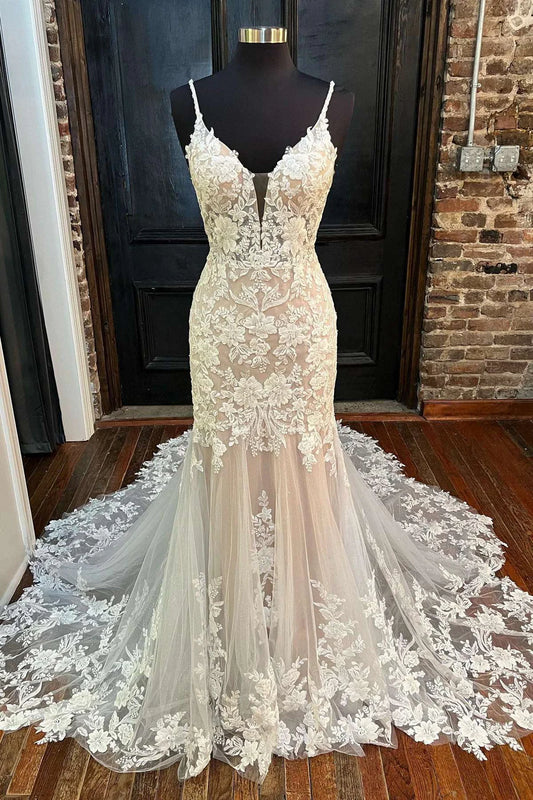 Appliques Backless Trumpet Long Wedding Dress