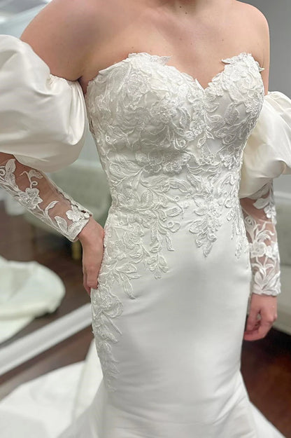Appliques Strapless Trumpet Wedding Dress with Juliet Sleeves