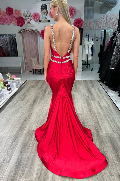 Surplice Open Back Beaded Mermaid Long Formal Dress