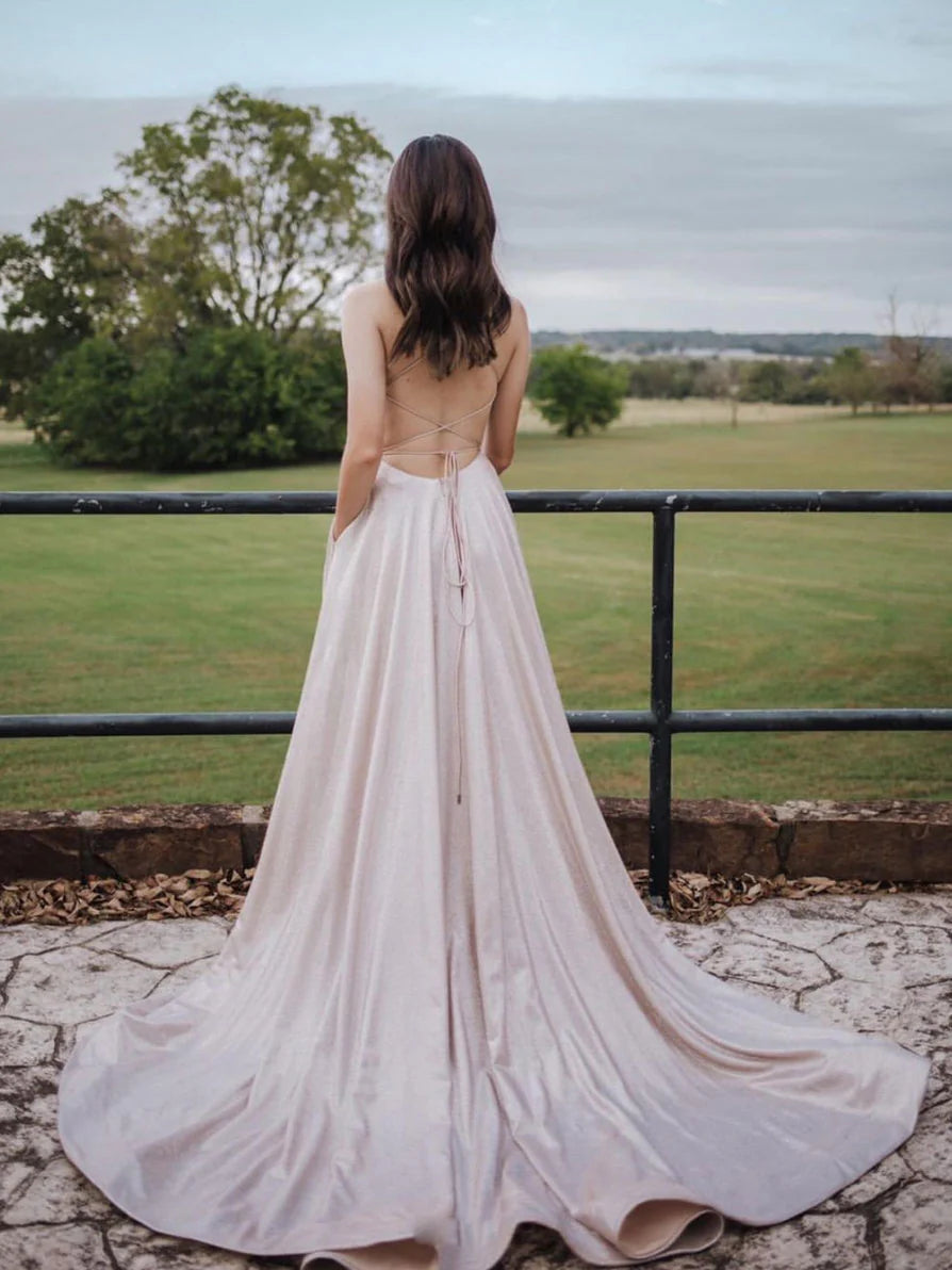 Light pink A-line satin long prom dress pink  prom dress
