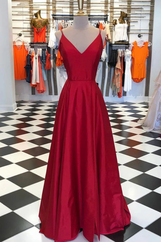 Simple v neck burgundy long prom dress burgundy prom dress