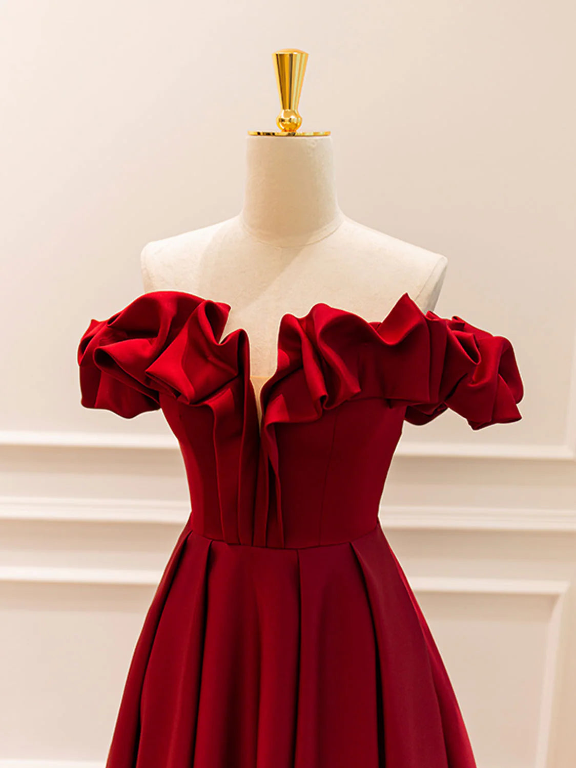 A-Line Off Shoulder Satin Burgundy Long Evening Dress Burgundy Evening Dresses