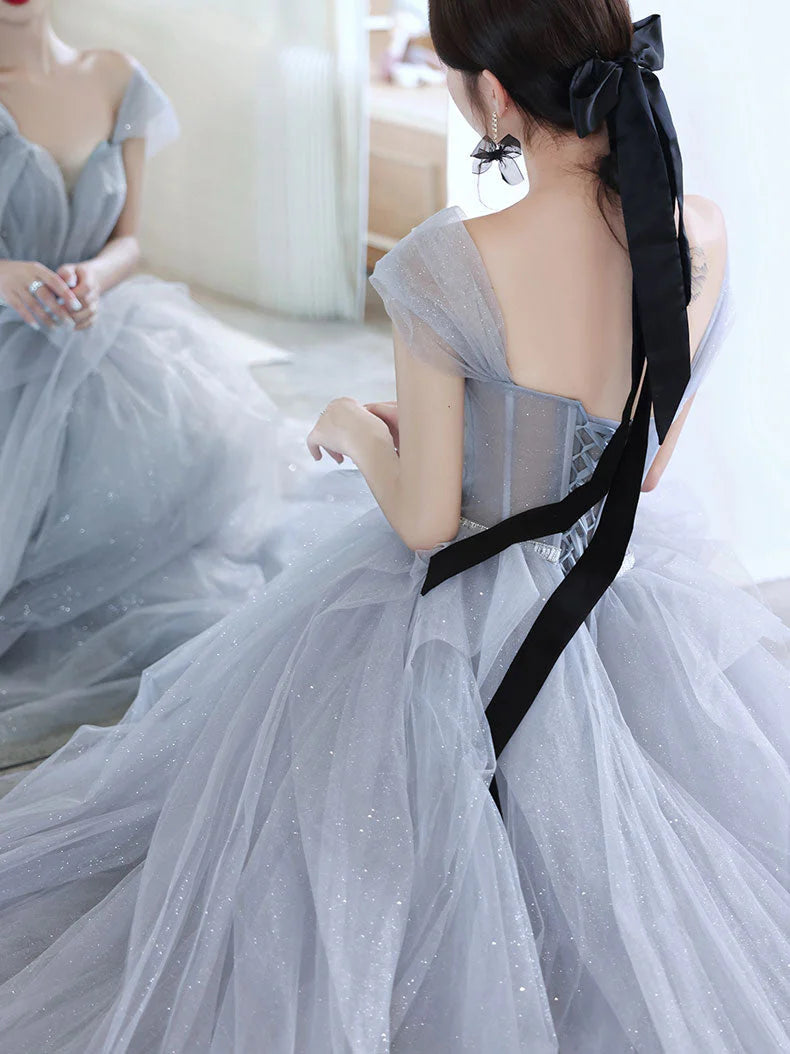 Gray tulle off shoulder long prom dress gray tulle prom dress
