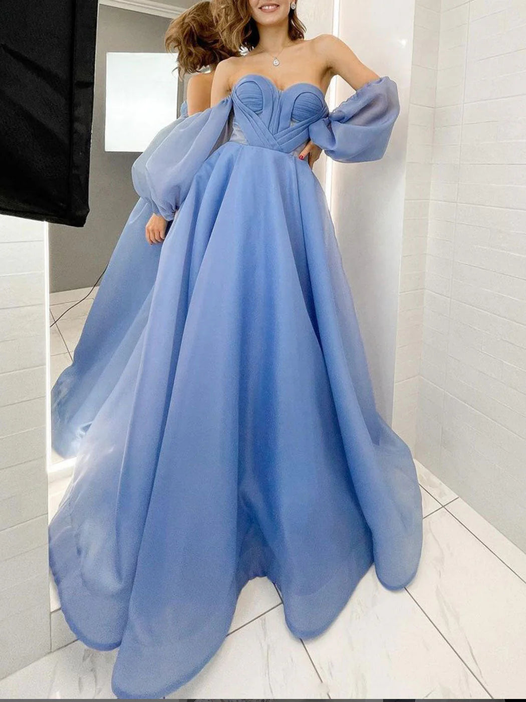 Blue sweetheart neck Organza long prom dress blue prom dress
