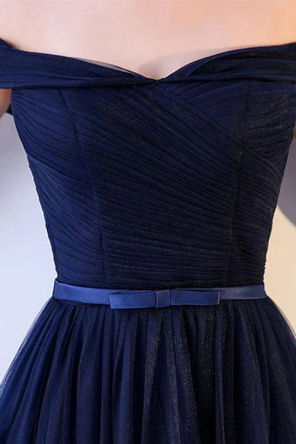 Simple sweetheart tulle dark blue long prom dress blue prom dress
