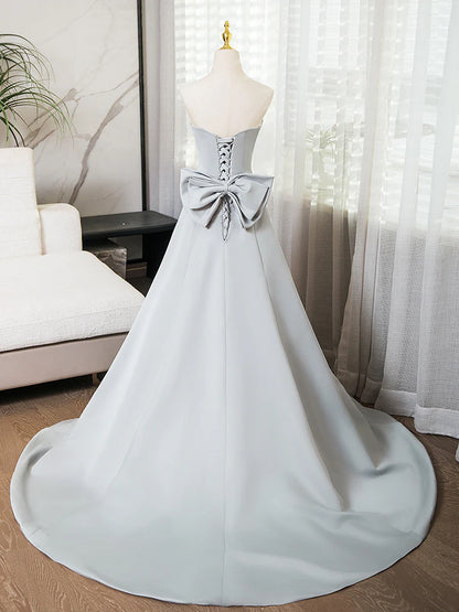 A-Line Sweetheart Neck Satin Gray Long Prom Dress Gray Long Formal Dress