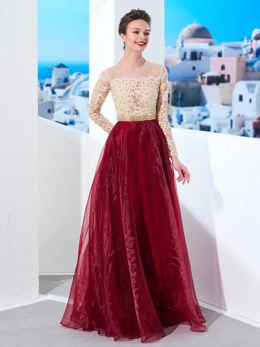 A-line Elegant Princess Naked Neck Floor Sweeping Long sleeved Dress