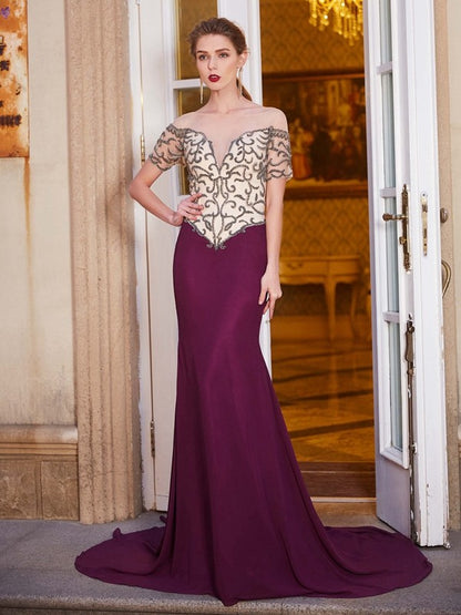 Elegant Sheath Pillar Naked Neck Short sleeved Palace Dress with Beaded Chiffon Dress