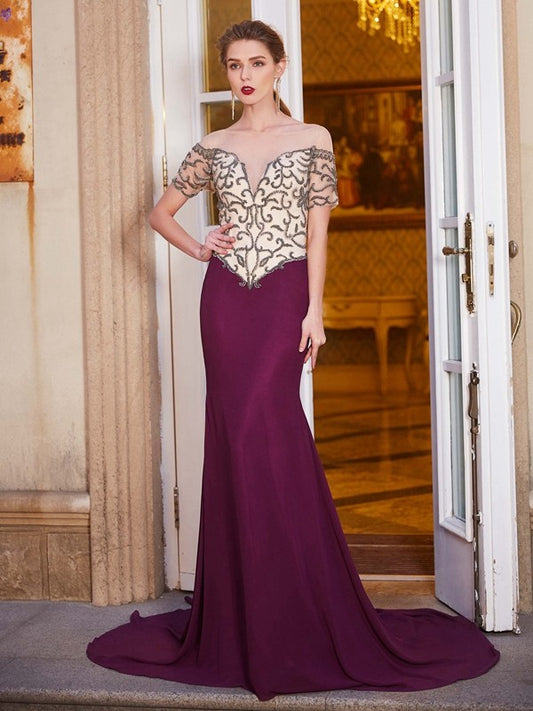 Elegant Sheath Pillar Naked Neck Short sleeved Palace Dress with Beaded Chiffon Dress