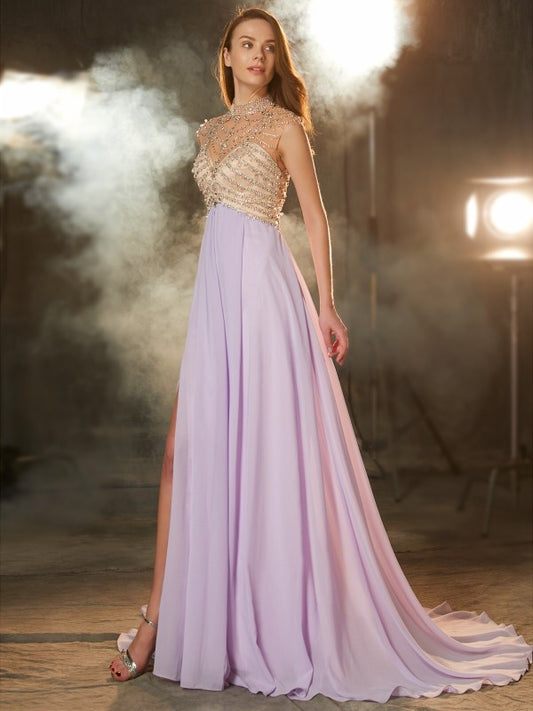 A-line elegant princess high neck sleeveless strapless crystal chiffon dress