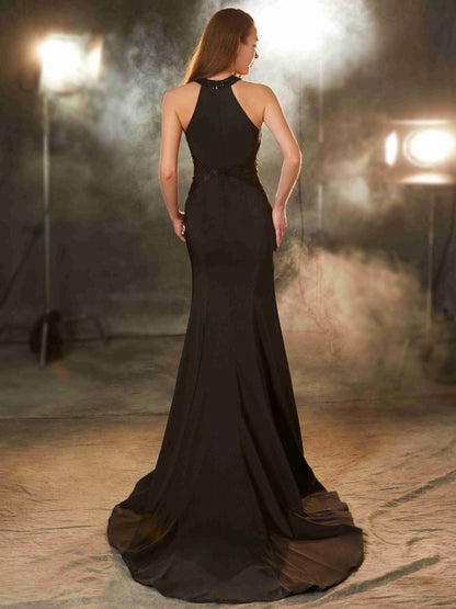 Elegant Jewelry Sleeveless Swept Bead Elastic Woven Satin Dress