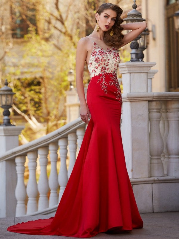 Slim fit mermaid slanted collar sleeveless palace skirt hem inlaid satin dress