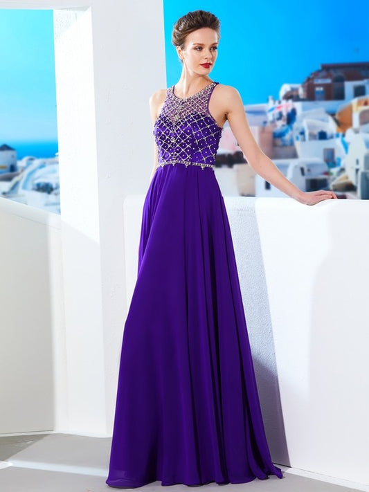 A-line Princess Sleeveless Chiffon Elegant Crystal Floor Dress