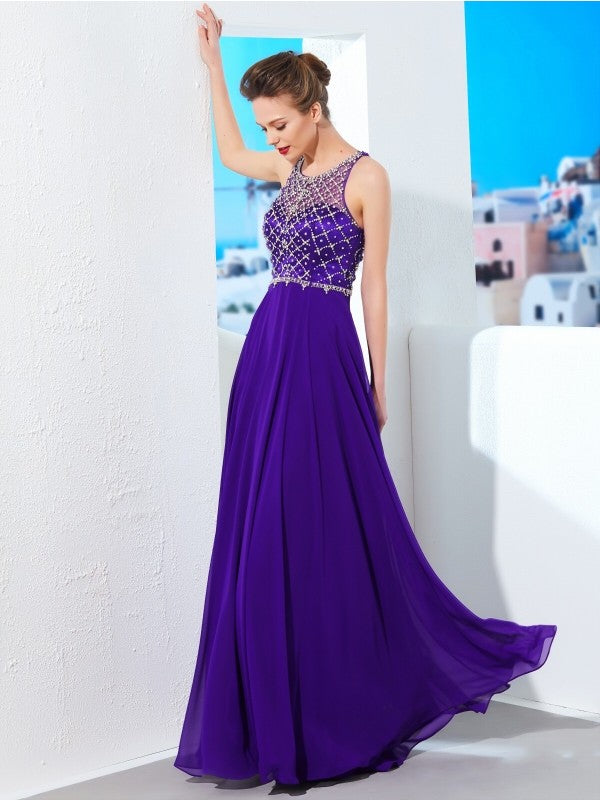 A-line Princess Sleeveless Chiffon Elegant Crystal Floor Dress