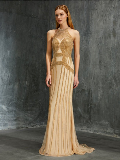 Column Elegant High Neck Sleeveless Brush Chain Bead Mesh Dress