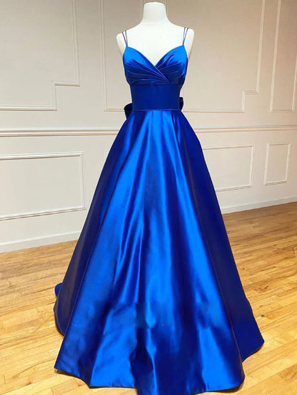 Blue v neck satin long prom dress blue prom dress