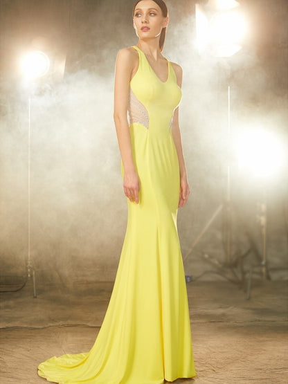 Trumpet Mermaid V-neck Sleeveless Swept Neck Beaded Spandex Dress