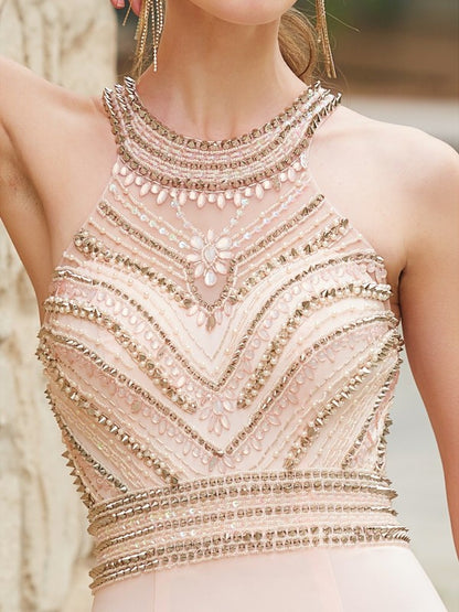 Elegant Column Scoop Sleeveless Brush Chain Beaded Spandex Dress