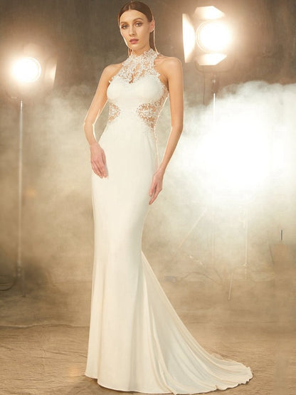Elegant Mermaid High Collar Sleeveless Sweeping Collar Sticker Spandex Dress