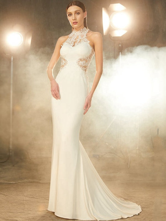 Elegant Mermaid High Collar Sleeveless Sweeping Collar Sticker Spandex Dress