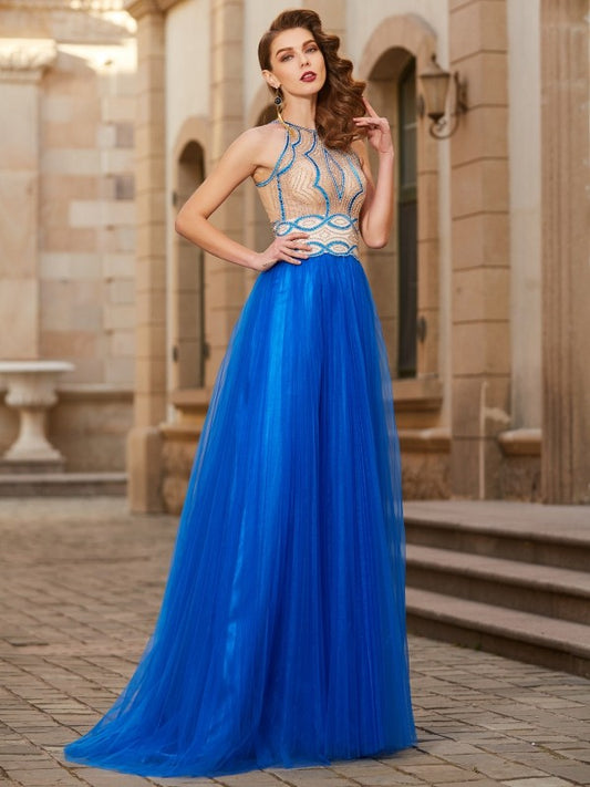 A-line Princess Beaded Sleeveless Floor Sweeping Tulle Party Dress